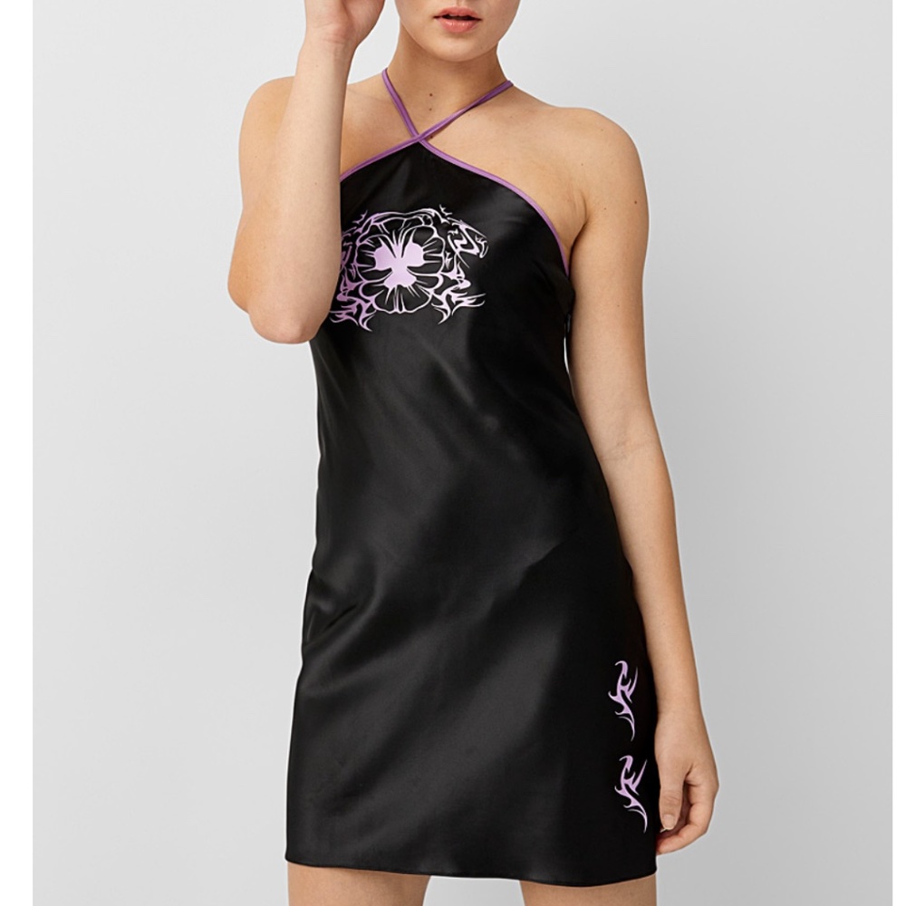 Local Heroes black and purple satin stripe party mini slip dress NWT